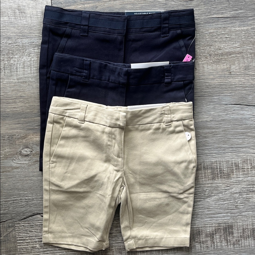 IZOD School Uniform Shorts NWT Bundle of 3 Navy Tan Adjustable Waist Girls Sz 4